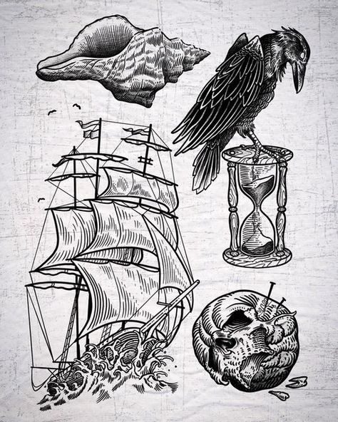 Etching Style Tattoo Design, Pirate Tattoo Aesthetic, Viking Flash Tattoo, Engraver Tattoo, Engraving Tattoo Linework, Engraving Tattoo Design, Woodcut Tattoo Flash, Engrave Tattoo, Medieval Tattoos