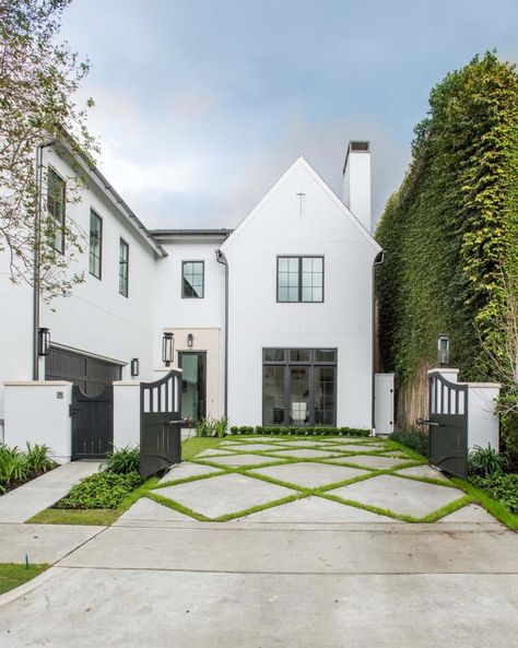 White Exterior and Driveway With Diamond Pattern Driveway With Grass In Between, Large Concrete Pavers, Stilt Home, Recycled Concrete, Backyard Landscape Design, Oxford Ms, Ground Covering, Outdoor Remodel, Landscape Design Ideas