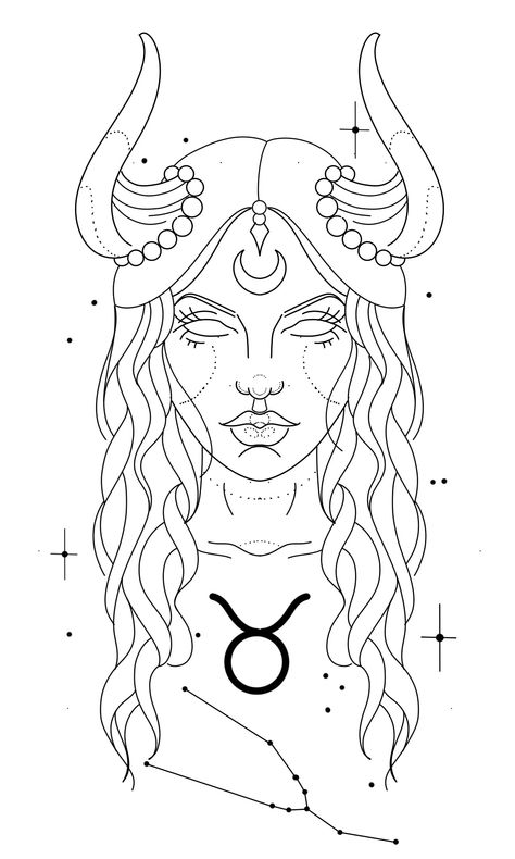 Taurus Tattoo Outline, Taurus Sign Tattoo For Women, Gaia Goddess Tattoo, Taurus Goddess Tattoo Drawing, Taurus Woman Drawing, Brenda Tattoo, Taurus Goddess Tattoo, Goddess Tattoo Design Virgo, Taurus Art Goddesses