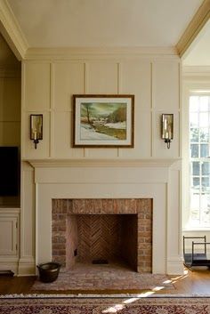 Inset Fireplace With Built Ins, Tall Ceiling Fireplace Ideas, Trim Above Fireplace, Reno Fireplace, Fireplace With Windows On Each Side, Traditional Fireplace Mantle, Fireplace With Stone Surround, Fireplace Addition, Angled Fireplace