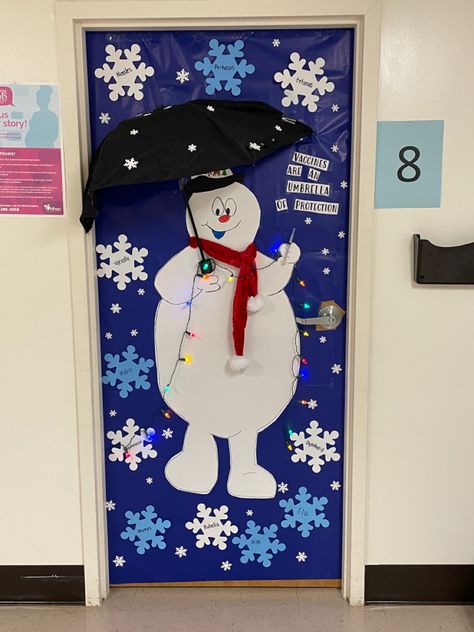 Door decor, immunizations, umbrella of protection Snowman Classroom Door Ideas, Winter Door Decorations Classroom, Halloween Door Decorations Classroom, Winter Classroom Door, Christmas Hallway, Diy Door Decor, Door Decorations Classroom Christmas, Snowman Wallpaper, Diy Christmas Door