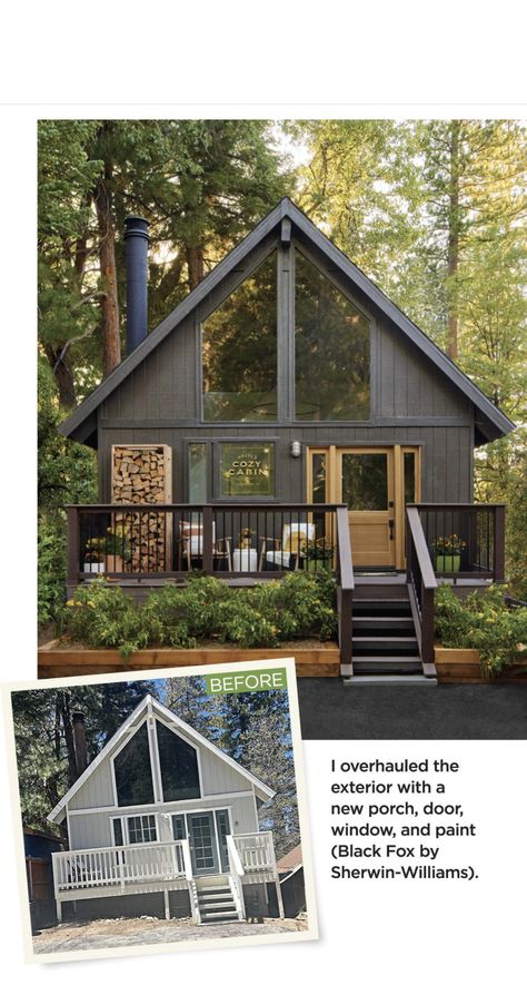 Lake Cabins Exterior, Small Lake Cottage Exterior, Lake Cabin Remodel, Scandanavian House Design Exterior, Small Lake House Exterior, Simple Lake House, Black Lake House, Modern Log Cabins Exterior, Lake Cabin Exterior