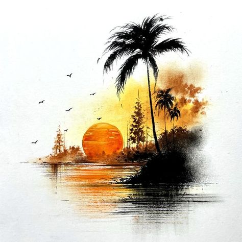 Morning Drizzle Sunset Scenery, Contemporary Art Painting, Oil Pastels, Line Art Drawings, Beautiful Sunset, Oil Pastel, Palm Tree, Palm Trees, Line Art