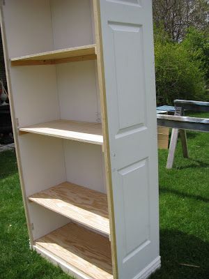 Repurposed Doors, Plywood Shelf, Louvered Doors, Plywood Shelves, Library Bookshelves, Wall Tv Unit Design, Doors Repurposed, Side Porch, Quilt Storage