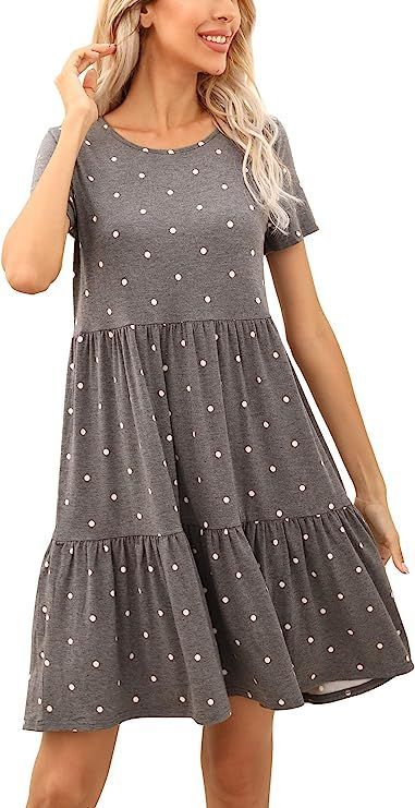 Material:95% Rayon, 5% Spandex,Soft, lightweight, skin-touch material, the dress will give you a comfortable and breezy wearing experience. Cute polka dots summer bodydoll dress design with round neck ,short sleeve,ruffle hem and swing tiered bottom. Normally the dress length is slightly above the knee and long enough that you wouldn't need to wear leggings with it if you didn't want too.It's a Ruffle Summer Dress, Casual T Shirt Dress, Shoulder Dresses, Soft Dress, Round Neck Dresses, Midi Dress Casual, Short Dresses Casual, Flattering Dresses, Cute Summer Dresses