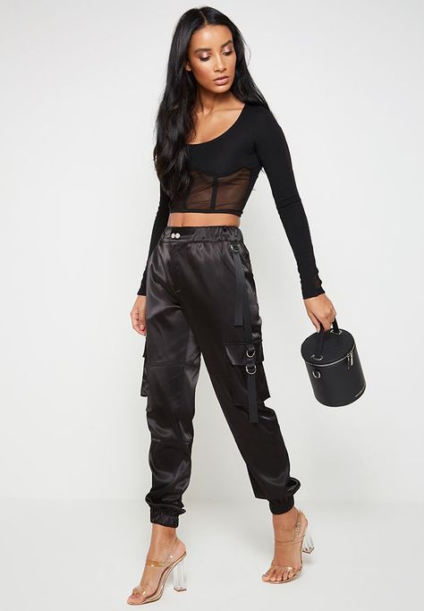 satin-cargo-trousers-black Cargo Trousers Outfit Going Out, Black Silk Cargo Pants Outfit, Black Satin Cargo Pants Outfit, Satin Cargo Pants Outfit, Black Satin Cargo Pants, Cargo Trousers Outfit, Silk Pants Outfit, Cargo Pants Outfit Black, Satin Pants Outfit