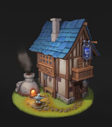 ArtStation - Blacksmith's House , Anastasia Tremazova Stylized House Concept Art, Blacksmith Concept Art, Taverna Medieval, Stylized House, House Concept Art, Cardboard City, Indian Contemporary Art, Concept Draw, Props Concept