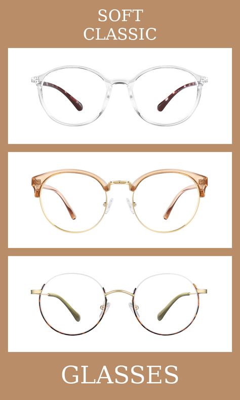 3 Pairs of Glasses for the soft classic body type, one of thirteen Kibbe body types. Soft classics are a blend of femininity and masculinity, but slightly more feminine than classics. The glasses that suit them the most are minimal, slightly rounded, and elegant. Learn more about the Kibbe body types at cozyrebekah.com Soft Classic Kibbe Accessories, Soft Classic Jewelry Kibbe, Soft Classic Accessories, Soft Classic Kibbe Glasses, Soft Classic Glasses, Kibbe Body Types Soft Classic, Kibbe Types Soft Classic, Soft Classic Jewelry, Classic Body Type Outfits