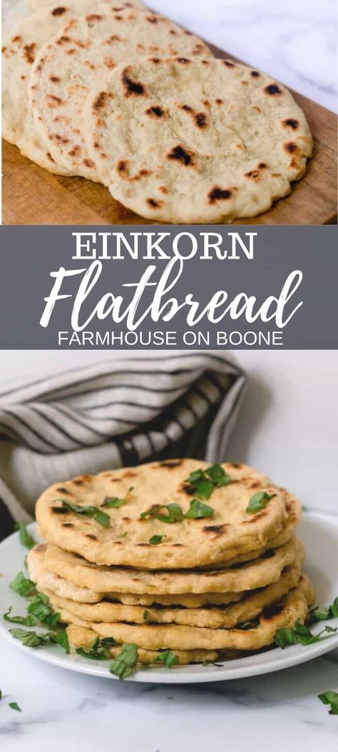 Einkorn Flatbread, Einkorn Pizza Dough, Einkorn Bread, Farmhouse On Boone, Einkorn Recipes, Pita Bread Recipe, Einkorn Flour, Flatbread Recipe, Wheat Recipes