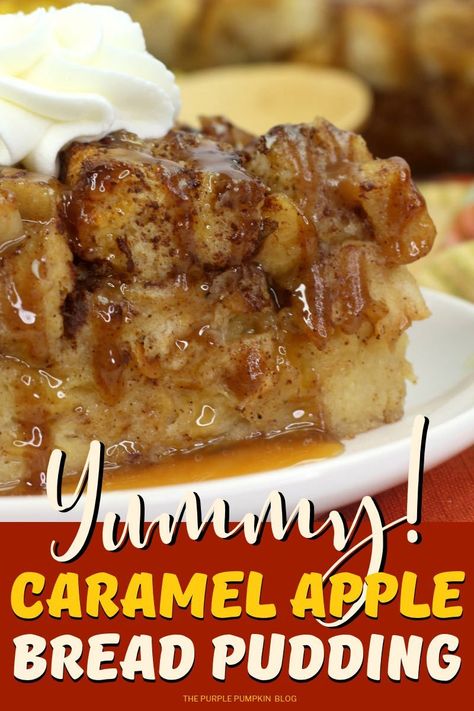 A twist on a classic dessert, this Caramel Apple Bread Pudding makes use of day-old fresh bread as well as seasonal apples that are caramelized with sugar and spices. Serve the bread pudding with a dollop of whipped cream for a delicious and comforting fall treat. #CaramelAppleBreadPudding #BreadPudding #Desserts #DessertRecipes #Recipes #ThePurplePumpkinBlog #FallDesserts #AppleDesserts #AutumnDesserts Caramel Apple Bread Pudding, Caramel Apple Bread, Apple Bread Pudding Recipe, Apple Bread Pudding, Fall Crockpot Recipes, Bread Pudding With Apples, Texas Food, Bread And Butter Pudding, Bread Pudding Recipe