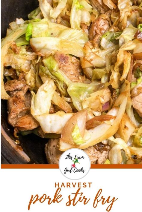 Tender pork, sweet apples and savory cabbage come together in this 30 minute meal! One Pork Pork and Cabbage Stir Fry is a healthy recipe that's sure to please your entire family! #onepan #porkrecipe #stirfry Pork And Cabbage Stir Fry, Stir Fry With Cabbage, Cabbage And Apples, Farm Meals, Savory Cabbage, Homemade Stir Fry Sauce, Homemade Stir Fry, Low Carb Pork, Honey Pork