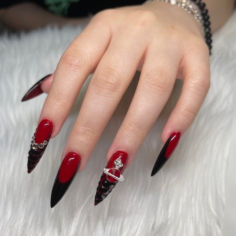 Dark Red Nails With Black French Tips, Black With Red French Tip Nails, Red Nails Ideas French, Red Nails Black French Tip, Black Red French Tip Nails, Prom Nails Black And Red, Red And Black Nails French Tips, Black Nails With Red French Tip, Black And Red French Nails