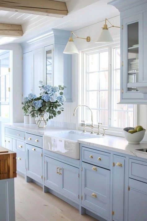 Nicole Gates Light Blue Cupboards, Baby Blue Kitchen Cabinets, Powder Blue Kitchen, Nicole Gates, Light Blue Cabinets, Light Blue Kitchens, House Dream, Dream List, Bright Rooms