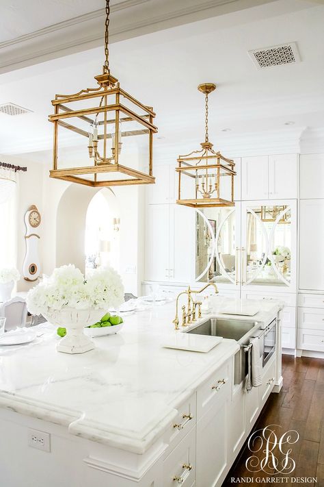 Soothing Summer Home Tour 2017 - Neutral Transitional Home Decor Kitchen Lantern, White Transitional Kitchen, White Marble Kitchen, Transitional Home Decor, White Kitchen Design, Gold Kitchen, Mantel Decor, Transitional House, Transitional Kitchen