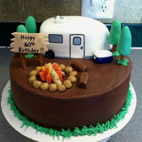 Camping Cake Ideas For Men, Camper Cake, Caravan Cake, Camping Birthday Cake, Camper Cakes, Camping Cake, Campfire Cake, Camping Cakes, Dad Birthday Cakes