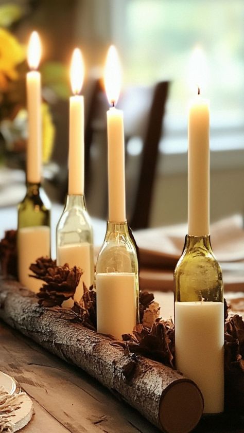 Give new life to your empty wine bottles by transforming them into chic candle holders! This eco-friendly DIY project is perfect for adding a rustic, vintage touch to your decor. With a few simple steps, you can create beautiful, upcycled candle holders that bring warmth and ambiance to any room. 🍷🕯 #UpcycledWineBottles #DIYCandleHolders #EcoFriendlyDecor #RepurposedCrafts Wine Bottle Ideas Decor, Empty Wine Bottle Ideas Decor, Candles In Wine Bottles, Repurpose Wine Bottles, Wine Bottle Candle Holders, Upcycled Candle Holders, Upcycled Wine Bottles, Wine Bottle Candle Holder, Wine Bottle Candle