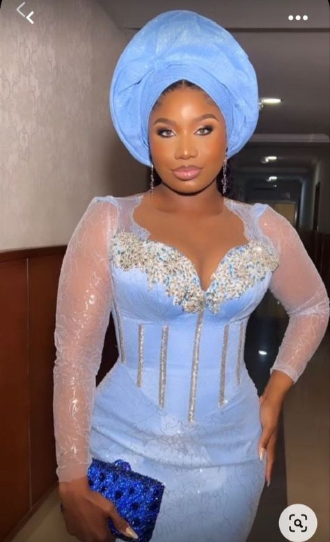 Corset Asoebi Lace Gowns, Straight Lace Gown Styles Aso Ebi, Light Blue Lace Asoebi Styles, Beautiful Asoebi Lace Gown Styles, Blue Nigerian Lace Dress, Lace Native Styles For Ladies, Style For Lace Asoebi, Wedding Asoebi Lace Styles, Corset Asoebi Styles Lace