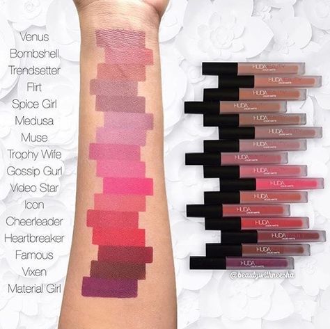 Huda Beauty Liquid Matte Lipsticks | @beautywithneesha Huda Beauty Lipstick Swatches, Huda Beauty Matte Lipstick, Huda Beauty Lipstick, Best Lipstick Color, Liquid Matte Lipstick, Colors For Dark Skin, Matte Lipsticks, Lip Swatches, Best Lipsticks