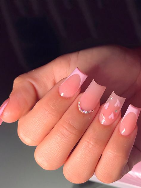 Cute Nail Inspo Acrylic Coffin, Nails Cochette, Cute Frenchies Nails Short, Cute Nails Rhinestones, Plain Nails With Heart, Neutral Pink Nails With Design, Nail Ideas Back To School 2024, Coffin Shape Nails Designs Classy, Pink Nails Acrylic Coffin Short