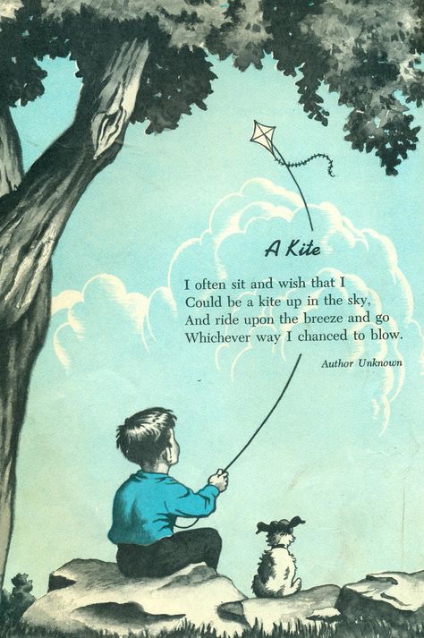 .I'm not a 'dog person' by any means - but the attentive puppy in this kite flying illustration certainly adds something! The massive cloud formation framing the poem is a subtle touch but adds hugely to the attraction of this picture. IMHO! T.P. (my-best-kite.com) Poem Painting, Poem Illustration Art, Poems With Illustrations, Poem With Illustration, Poem Illustration, Lets Go Fly A Kite Tattoo, Kite Illustration, Quotes From The Kite Runner, Kites Preschool