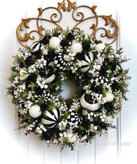 Black White Silver Christmas Decor, Black And White Checkered Christmas, Black And White Christmas Wreath, Striped Ornaments, Ship Black And White, Heirloom Christmas, White Christmas Wreath, Silver Christmas Decorations, Winter Greenery