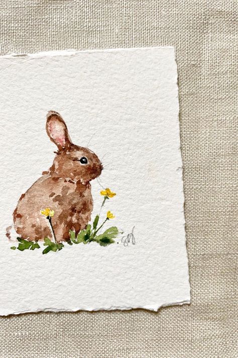 EASTER SERIES x Spring Bunny no. 5, Original Watercolor by Sarah Grasso Bunny And Flowers Drawing, Bunny Drawing Watercolor, Simple Rabbit Painting, Easy Cute Watercolor Ideas, Watercolor Rabbits Bunnies, Spring Watercolor Cards, Watercolor Art Step By Step, June Watercolor, Watercolor Ideas Easy