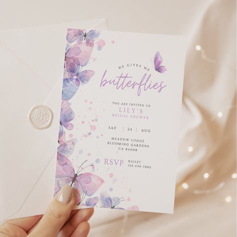 This 'He gives me Butterflies' themed instant download invitation is ready for you to edit straight away in Canva. The template is fully customizable - you can personalize it for the bride-to-be by changing the colours, fonts and adding any additional graphics or photos.  This easy-to-use bridal shower invite is perfect if you're a DIY Maid of Honour or Bridesmaid planning the bachelorette party or wedding shower, but you don't have the budget for a designer. VIEW THE FULL LILY COLLECTION HERE: Butterfly Wedding Shower Theme, He Gives Me Butterflies Theme Bridal, Butterfly Bridal Shower Ideas, 18th Debut Ideas, He Gives Me Butterflies, Gives Me Butterflies, Butterfly Wedding Invitations, Debut Ideas, Bridal Shower Invitations Printable