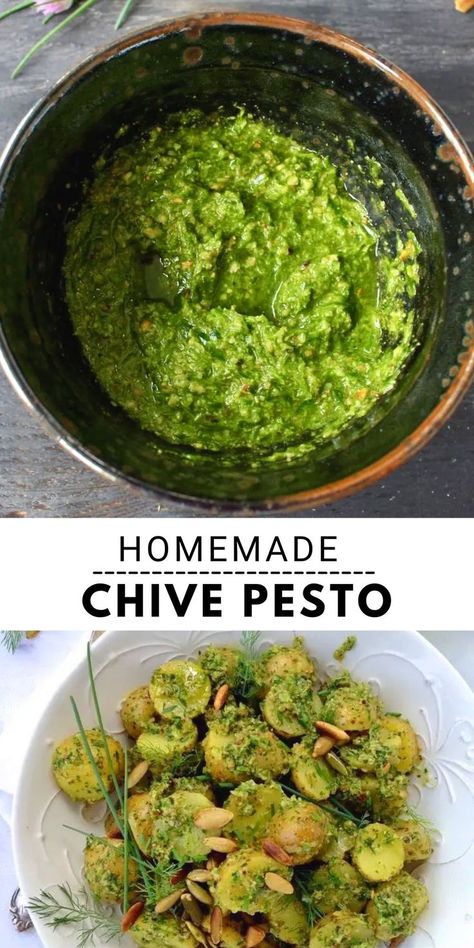 Homemade Chive Pesto made with onion chives and toasted pumpkin seeds. Toss with potatoes or pasta for a quick, easy and vegan dinner or serve as a dipping sauce with crusty bread! Chive Pesto, Beef Massaman Curry, Homemade Pesto Recipe, Chives Recipe, Zone Recipes, Pesto Potatoes, Produce Recipes, Toasted Pumpkin Seeds, Homemade Pesto