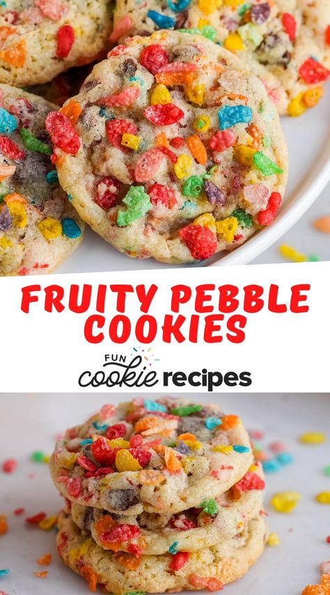 Easy Fruity Pebbles Cookies with chocolate chips are a colorful treat with the familiar flavor and crunch of your childhood favorite cereal. Fruity Pebbles Cookies Cake Mixes, Fruity Pebbles Cookies, Crumbl Cookie Fruity Pebbles, Rice Krispie Treats Fruity Pebbles, Cookie Recipes Fruity Pebbles, Fruity Pebble Treats, Fruity Pepples, Cereal Fruity Pebbles, Fruity Pebble Cheesecake