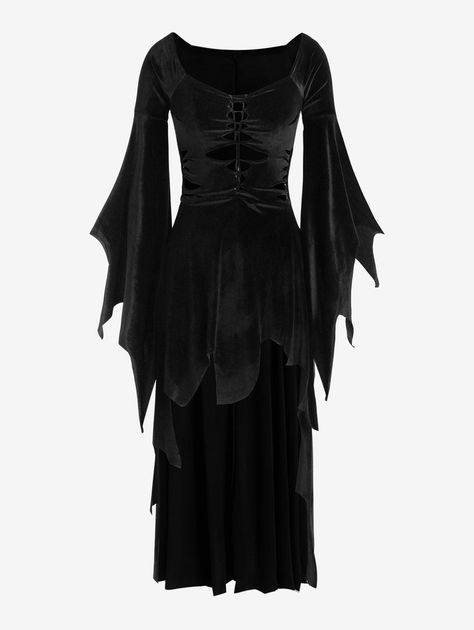 Bat Wing Dress, Wing Dress, Long Sleeves Dresses, Halloween Silhouette, Asymmetrical Collar, Eclectic Witch, Color Decoration, Lace Up Dress, Style Gothic