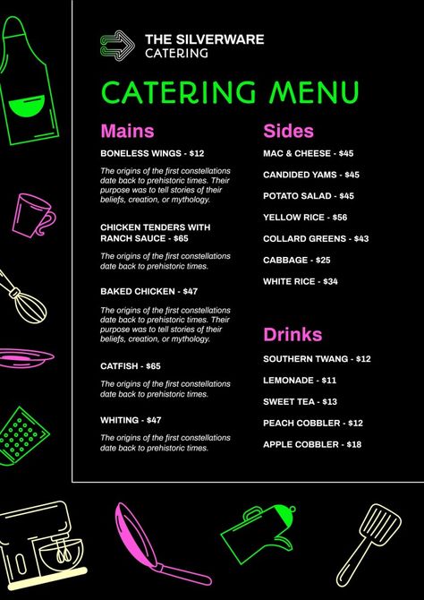 Christmas Catering, Boneless Wings, Free Doodles, Food Catering, Party Catering, Catering Menu, Collard Greens, Colorful Party, Menu Template