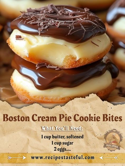 Tasteful Recipes | Boston Cream Pie Cookie Bites | Facebook Boston Cream Pie Cookie Bites Recipe, Boston Cream Pie Cookies, Boston Cream Pie Cookie Bites, Cream Pie Cookies, Tasteful Recipes, Cookie Bites, Yummy Deserts, Pie Cookies, Boston Cream Pie