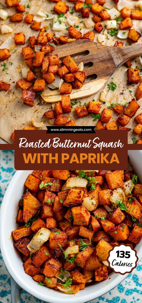 Roasted Butternut Squash with Paprika – savoury cubes of butternut squash and onion, delicately caramelized to perfection, making it the ideal side dish for breakfast, lunch, or dinner. Roasted Butternut Squash Breakfast, Sweet And Savory Honey Roasted Butternut Squash, Savory Roasted Butternut Squash, Thanksgiving Side Dishes Butternut Squash, Roasting Butternut Squash Cubes, Butternut Squash Cubed Recipes, Steak And Butternut Squash, Roasted Cauliflower And Butternut Squash, Best Butternut Squash Recipes Roasted