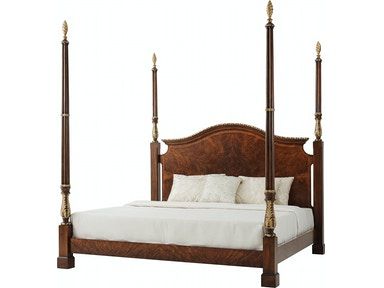 A carved mahogany, flame veneered and parcel gilt four poster Queen Bed, the arched headboard with a carved cornice and finely carved acanthus leaf carved baluster and cluster columns with spiral carved pine cone finials. Silk Bedroom, King Poster Bed, Silk Bed, Arched Headboard, Four Poster Bed, Traditional Bed, Luxury Furniture Brands, Theodore Alexander, Four Poster