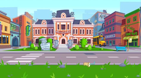 World of Lost Toys on Behance Cartoon Building, Environment Painting, House Cartoon, Episode Backgrounds, City Cartoon, Kids Background, City Illustration, Game Background, Anime Backgrounds Wallpapers