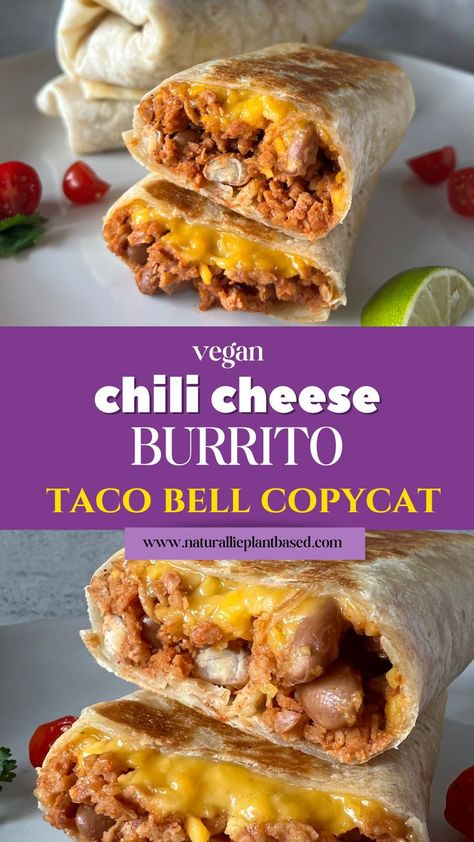 chili cheese burritos cut in half with. lime, tomatoes, and cilantro Taco Bell Chili Cheese Burrito Recipe, Chili Cheese Burrito Taco Bell, Vegan Taco Bell, Chili Cheese Burrito, Vegan Copycat, Burrito Vegan, Taco Bell Copycat, Cheese Burrito, Mexican Main Dishes