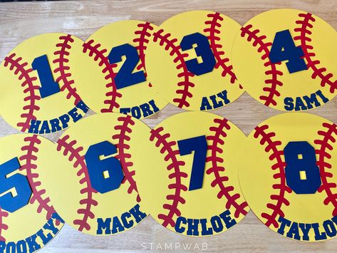 Personalized Softball Cardstock Cut-Outs Set of 12 Add these Cut-Outs to your cheer posters, scrapbook projects, party décor, treat bags, lockers, chair backs, doors ... The possibilities are endless and your team will LOVE them! The back is solid cardstock leaving room for your coach/team mom to write a special message on the back! Each cut-out is handcrafted using high quality cardstock ----------These Cut-Outs are MADE TO ORDER---------- ships within 10 BUSINESS DAYS Need them sooner? Or look Softball Bulletin Boards, Senior Night Decorations Softball, Softball Team Party Ideas, Softball Locker Room Decorations, Softball Signs Posters, Softball Locker Decorations, Sports Locker Decorations, Softball Christmas Gifts, Homemade Posters