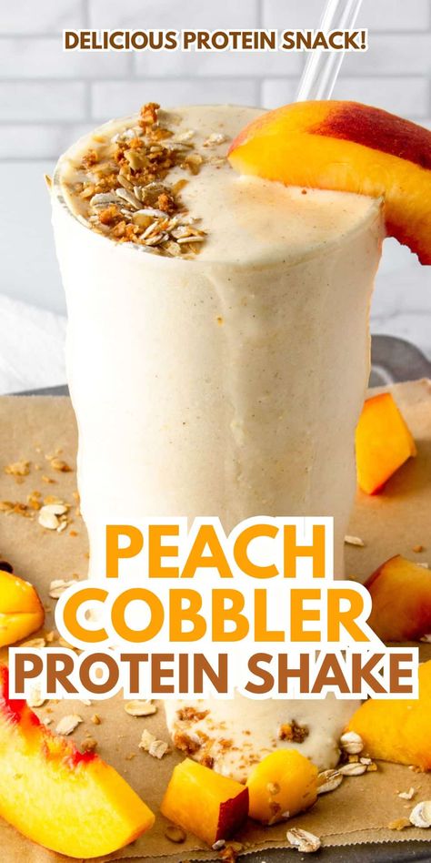 A high-protein twist on the classic summer dessert, this peach cobbler protein shake is a quick & delicious gluten-free protein smoothie. Makes a great high protein breakfast or snack! Smoothies Using Protein Powder, Delicious Protein Smoothies, Bulk Up Smoothies, Protein Shake Recipes Breakfast, Green Protein Shake Recipes, Protein Shake No Blender, Oatmeal Protein Shake Recipes, The Best Protein Shakes, Shakes With Premier Protein