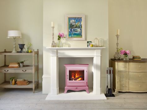 Why not opt for a pink stove, giving a room a feminine look that will look great all year round. Electric Log Burner, Wood Burning Stoves Living Room, Luxury Fireplace, Front Room Ideas, Electric Stoves, Wood Burners, Green Lounge, Wooden Floorboards, Wood Burning Stoves