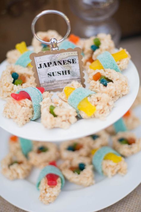 Japanese Sushi + Rice Krispie Treats from a Vintage Travel Bar Mitzvah Party via Kara's Party Ideas - KarasPartyIdeas.com (9) Japanese Sushi Rice, Camp Decorations, Ww 2023, Vintage Travel Party, Theme Snack, Around The World Theme, International Party, Bar Mitzvah Party, Party Food Themes