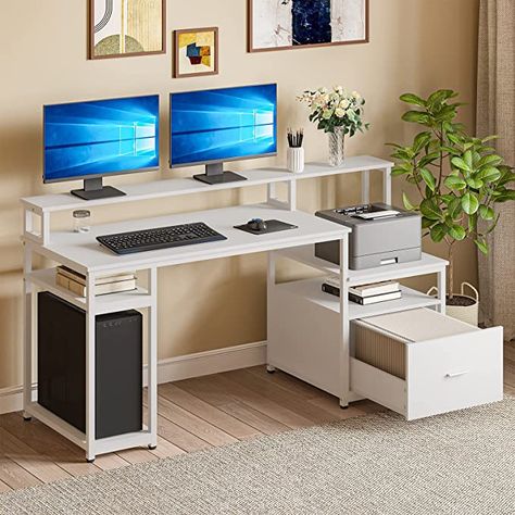 Amazon.com: Sedeta Computer Desk with File Cabinet Drawer and Storage Shelves, 66'' Large Home Office Desk with Hutch and Printer Shelf, Computer Table Study Writing Desk Workstation with Monitor Shelf, White: Furniture & Decor Computer Table Design With Printer, Office Desk With Printer Storage, Desk With Printer Shelf, Study Table With Printer Space Ideas, Computer Table With Shelves, Computer Table With Book Shelf, System Table Design, Printer Table Ideas, Desk With Printer Storage