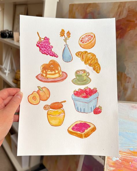 Sweet or savoury breakfast? 🥞🍳☕️🍓✨ Ok I’m really loving this style of painting! I will venture back to florals and sunsets soon but right now I’m having a lot of fun painting things I wouldn’t usually paint! 🥹🥐🎨✨ definitely experienced a few paint smudges along the way but overall it’s CUTE! 💖✨ #foodart #acrylicpainting #cuteart #breakfastfoods Simple Food Paintings, Sweets Doodles, Journal Doodling, Painting Ideas Food, Drawing To Paint, Drawing Breakfast, Cute Food Paintings, Doodle Watercolor, Cute Watercolour Ideas