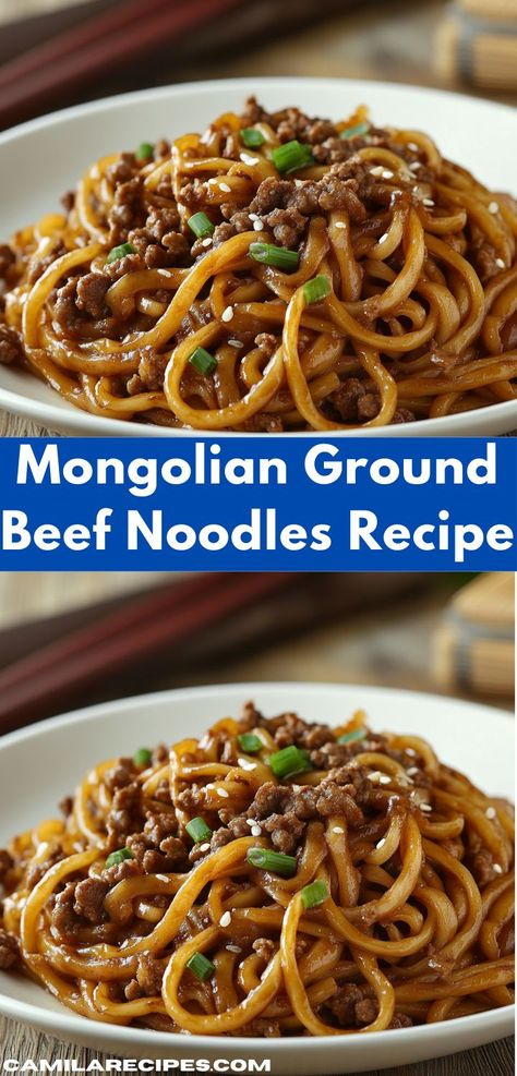 Enjoy a delicious blend of savory ground beef, soy sauce, and garlic in this easy Mongolian Noodles recipe. It’s a satisfying meal that brings a taste of Mongolia to your table. Mongolian Noodles With Ground Beef, Ground Beef And Rice Noodles, Magnolia Ground Beef Noodles, Ground Turkey Noodle Recipes, Mongolian Beef Recipe Noodles, Noodles And Ground Beef Recipes, Mongolian Sauce Recipe, Mongolian Beef Noodles Recipe, Easy Mongolian Beef Recipe