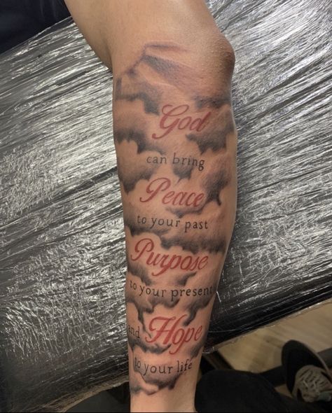 Mens Sleeve Quote Tattoo, Bible Verse Quarter Sleeve Tattoo, Est 2003 Tattoo Ideas, Est 1980 Tattoo Ideas, Clouds Tattoo Forearm, Tattoos With Clouds For Men, Mens Tattoos Drawings, Forearm Tattoo Men Sleeve Quotes, Arm Tattoo Men Quotes