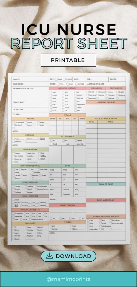 📅👩‍⚕️ Maximize your patient care with our Printable ICU Nurse Report Sheet! 🌟💼 This brain sheet helps you manage complex patient information and medications seamlessly. 💉💊 Empower yourself to provide exceptional care, enhance communication, and make informed clinical decisions. 🌈💕 Experience a more rewarding and organized nursing practice with this essential tool! 🛍️🏥 Discover it on Etsy today. #ICUNurseBrainSheet #PatientCareTools #EtsySeller #NurseShiftEssentials #EnhancePatientCare Med Surg Report Sheet New Nurse, Patient Assessment, Nurse Brain Sheet, Nurse Brain, Nurse Report Sheet, Med Surg Nursing, Nurse Aesthetic, Med Surg, New Nurse