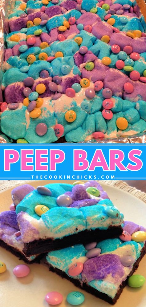 Don't miss out on these Peep Bars! They're the ultimate Easter treat to make. Full of chocolate cake, Peeps candy, and M&M's, they're an easy Easter dessert everyone will enjoy! Save this dessert bar recipe! Peep Bars, Peeps Dessert, Yummy Easter Desserts, Peeps Candy, The Cookin Chicks, Chicke Recipes, Delicious Chicken Dinners, Easy Easter Desserts, Easter Snacks