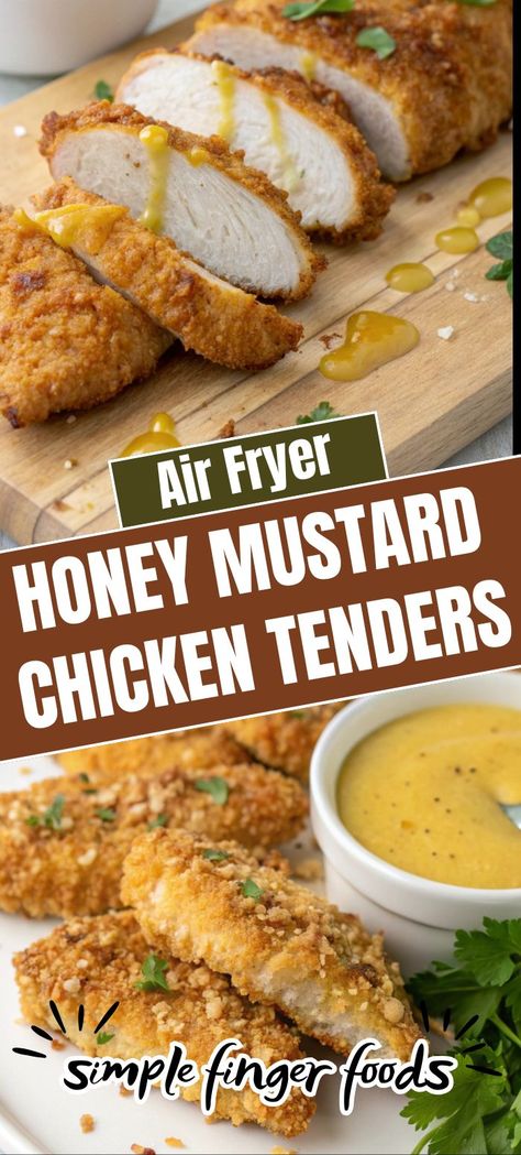 A close-up image of Air Fryer Honey Mustard Chicken Tenders. The tenders are crispy and golden brown, topped with a drizzle of honey mustard sauce. The image also shows a bowl of honey mustard sauce and a plate of additional tenders. Chicken Tenders Healthy Recipes, Aldi Air Fryer Recipes, Healthy Air Fried Chicken Tenders, Chicken Tenders Recipes Air Fryer, Fried Chicken Air Fryer Recipes, Air Fryer Breaded Chicken Tenders, Healthy Chicken Tender Recipes, Air Fryer Honey Mustard Chicken, Air Fryer Chicken Tenderloins