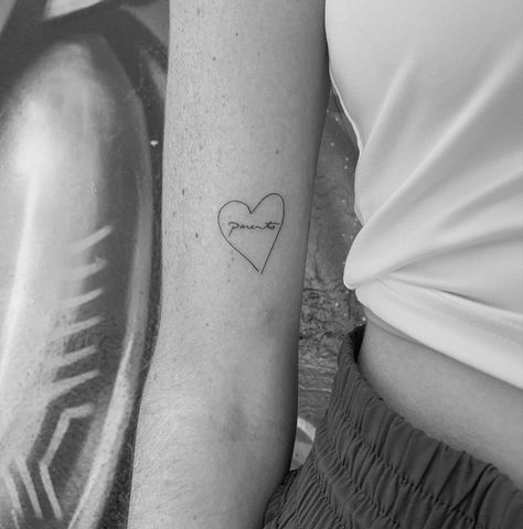 tiny mini dainty tattoo parents heart fine line Tattoo Handwriting Parents, Name In Heart Tattoo, Parents Handwriting Tattoo, Handwriting Tattoo, Heart Tattoos With Names, Love Heart Tattoo, Handwriting Tattoos, Dainty Tattoo, Parent Tattoos