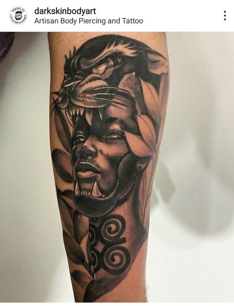 African Worrier Tattoo, African God Tattoo, Afro Tattoo Ideas Men, African Mythology Tattoo, African Leg Tattoo Men, Africa Lion Tattoo, Black God Tattoo, Neg Mawon Tattoo, Black King Tattoo