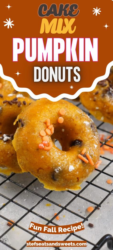 Baked Pumpkin Donuts from Cake Mix! Fall Treats! Love these easy baked pumpkin chocolate chip donuts that have just 3 ingredients! #pumpkinrecipes #pumpkin #falltreat #cakemix Pumpkin Chocolate Chip Cake, Cake Mix Pumpkin, Baked Donuts Easy, Cake Mix Donuts, Super Easy Desserts, Fall Fun Food, Pumpkin Bundt Cake, Pumpkin Recipes Easy, Pumpkin Pie Mix